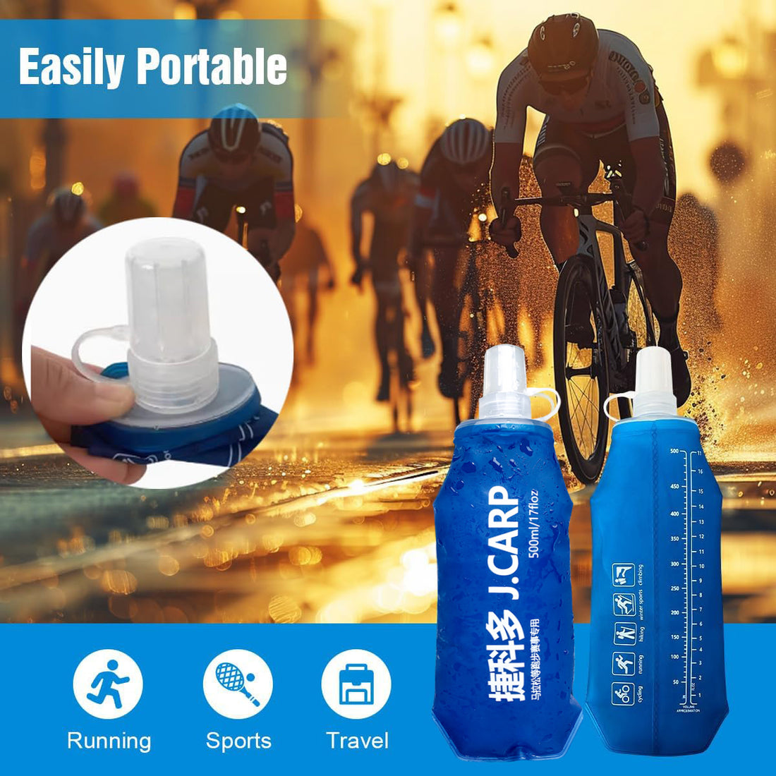 J. Carp 500ml Ocean Blue Recycable, food-graded, safety collapsible soft flask hydration bottle FDA approved leakproof flask for camping, running, hiking etc