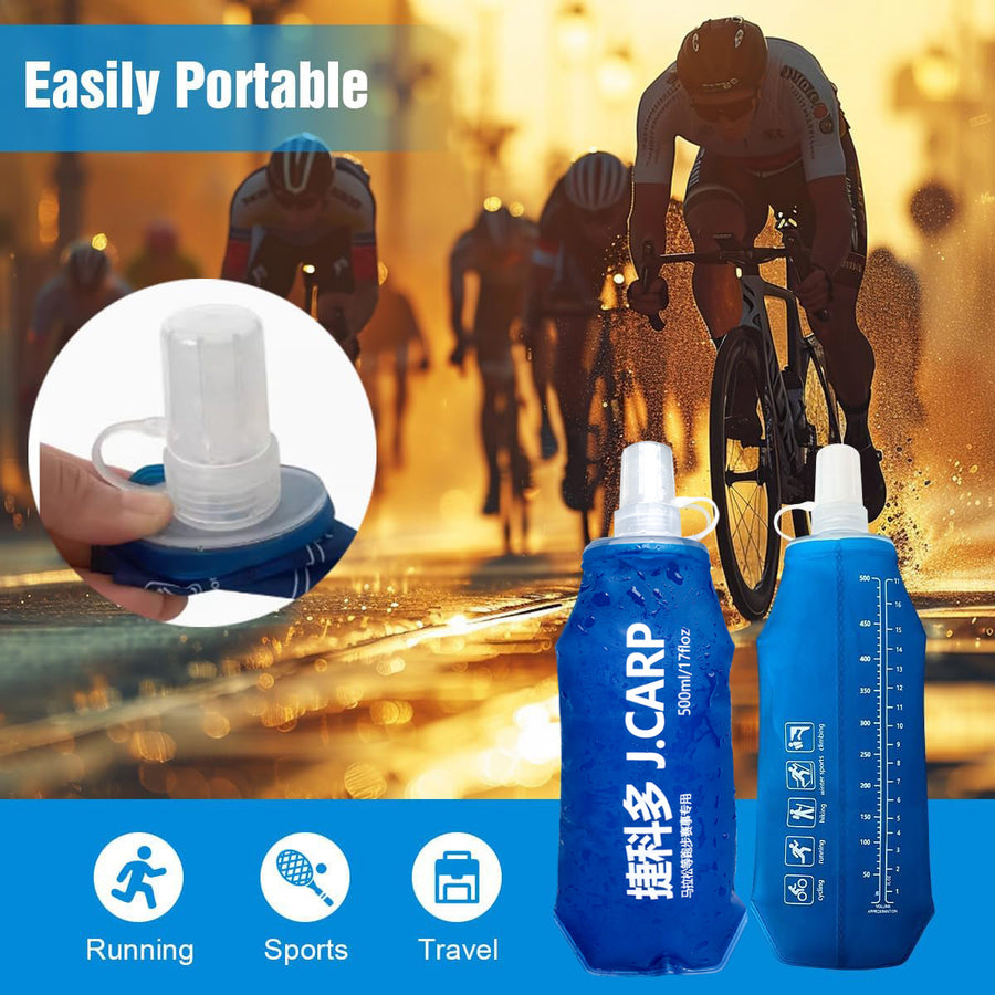 J. Carp 500ml Ocean Blue Recycable, food-graded, safety collapsible soft flask hydration bottle FDA approved leakproof flask for camping, running, hiking etc