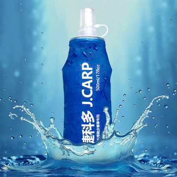 J. Carp 500ml Ocean Blue Recycable, food-graded, safety collapsible soft flask hydration bottle FDA approved leakproof flask for camping, running, hiking etc