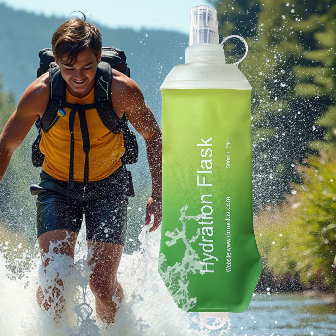 500ml Green Gradient Recycable, food-graded, safety collapsible soft flask hydration bottle FDA approved leakproof flask for camping, running, hiking etc
