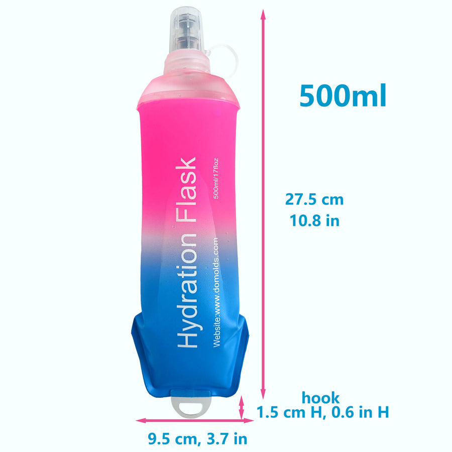500ml Pink Blue Gradient Recycable, food-graded, safety collapsible soft flask hydration bottle FDA approved leakproof flask for camping, running, hiking etc