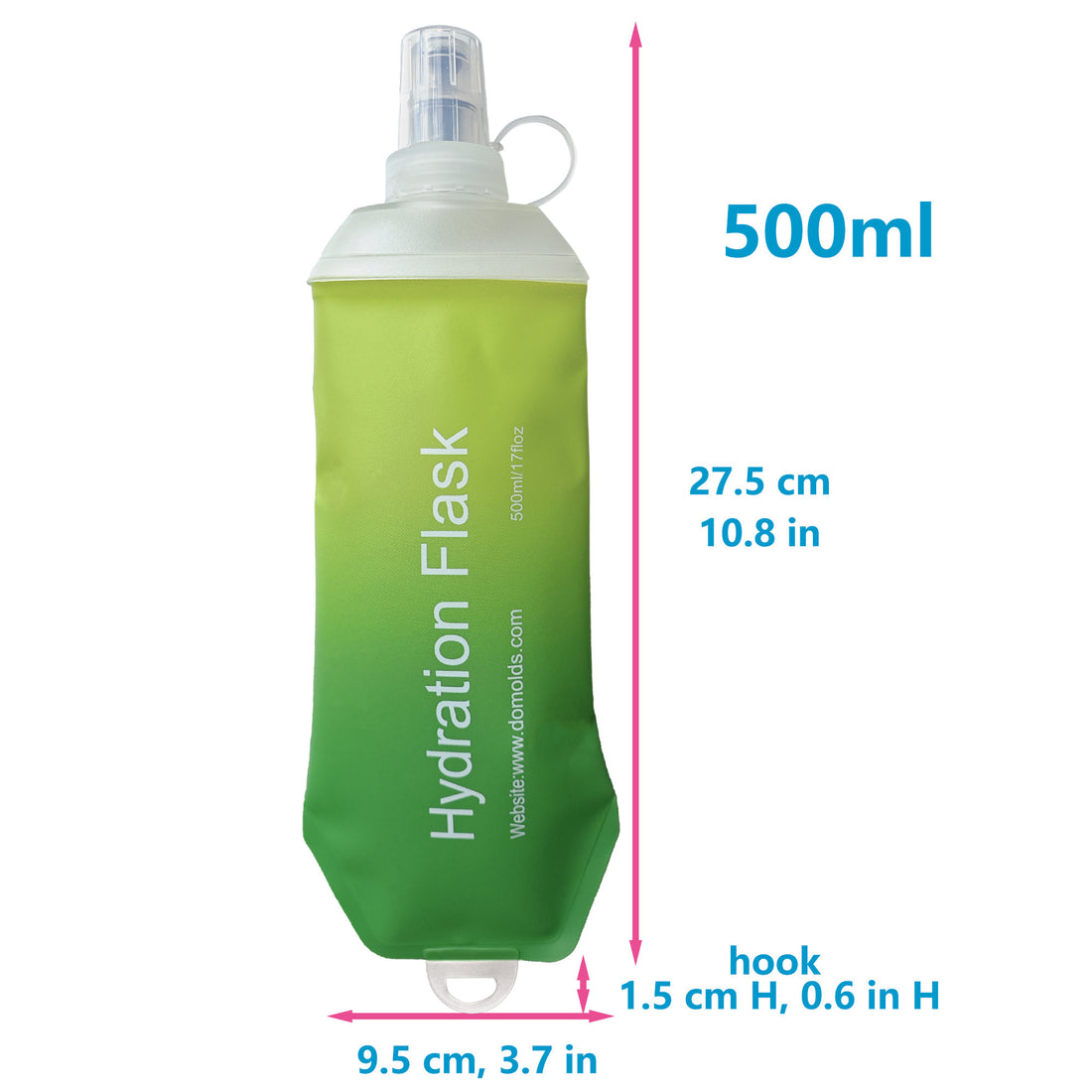 500ml Green Gradient Recycable, food-graded, safety collapsible soft flask hydration bottle FDA approved leakproof flask for camping, running, hiking etc