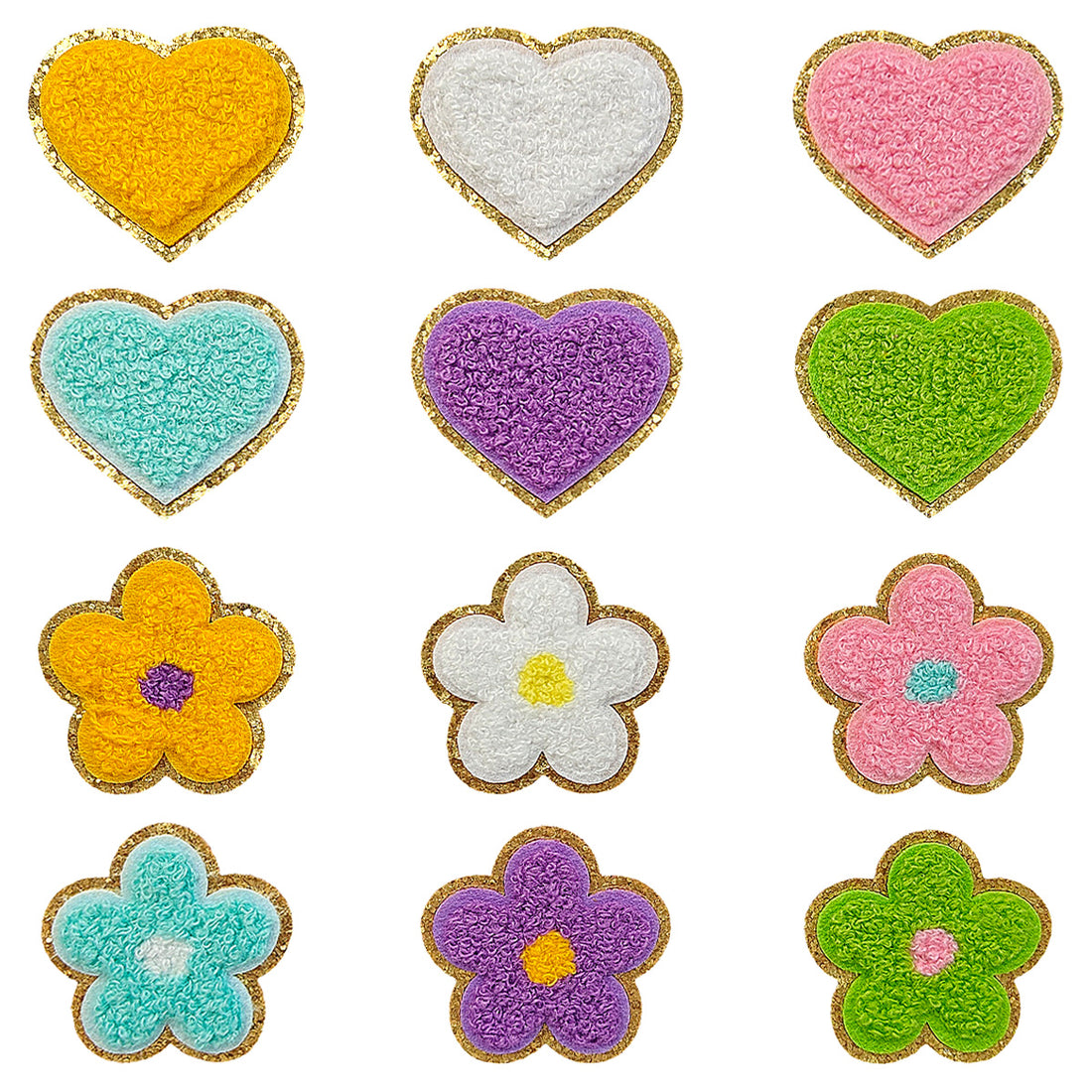 12PCS Heart Chenille Patches, Flower Chenille Patches, Bright Vivid Colors, Sew on/Iron on Glitter Patch Applique for Clothes, Dress, Hat, Jeans, DIY Accessories
