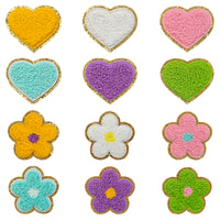 12PCS Heart Chenille Patches, Flower Chenille Patches, Bright Vivid Colors, Sew on/Iron on Glitter Patch Applique for Clothes, Dress, Hat, Jeans, DIY Accessories