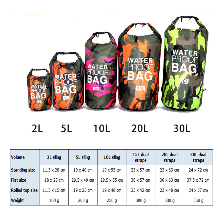 Camouflage 2L, 5L,10L, 15L, 20L, 30L Waterproof Dry Bag, Floating Storage Bag Dry Sack