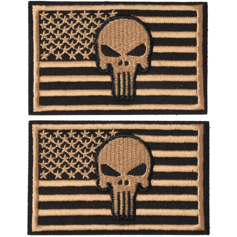 2 Pieces Dead Skull USA American Flag Tactical Morale Hook & Loop Patch, Dersert Gold