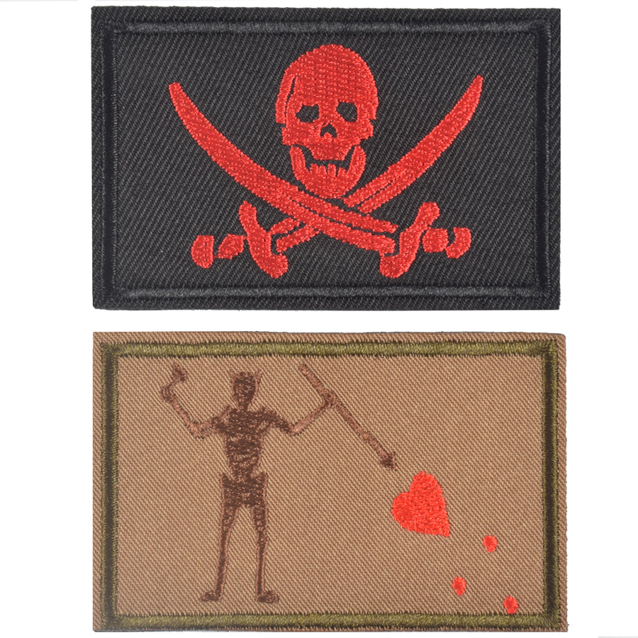2 Pieces Blackbeard Pirate Flag Patch & Skull  Cross Sword Flag Jolly Roger Tactical Morale Embroidery Patch Military for Tactical Gear