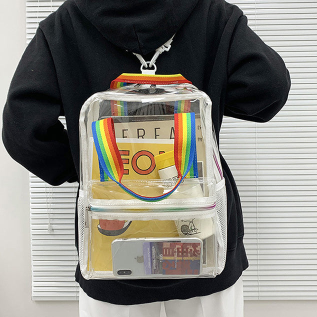 Iridescent Handles Bookbag, School Bag, Travel Bag, PVC Bag See Through Bag Clear Bag Stadium Approved, Transparent See Through Clear Backpack, School Bag for Work, Sports Games, Events