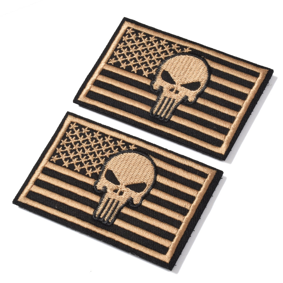 2 Pieces Dead Skull USA American Flag Tactical Morale Hook & Loop Patch, Dersert Gold