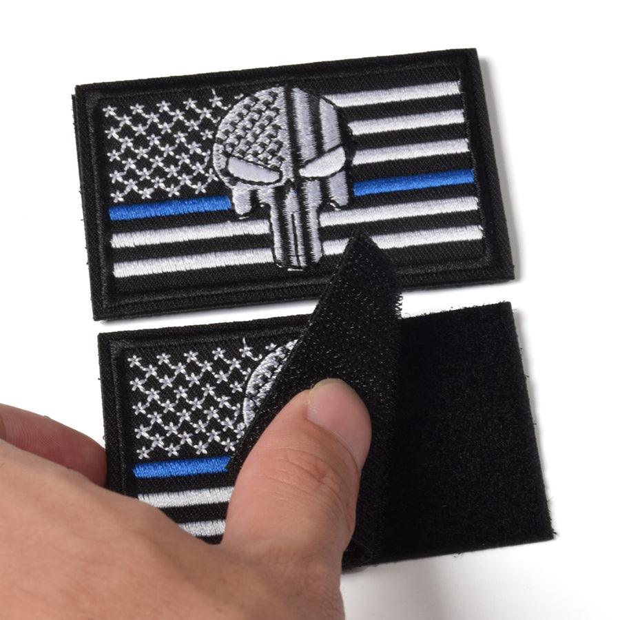 2 Pieces Dead Skull USA American Flag Blue Line Tactical Morale Hook & Loop Patch