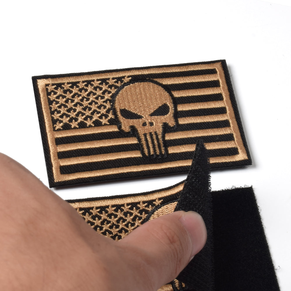 2 Pieces Dead Skull USA American Flag Tactical Morale Hook & Loop Patch, Dersert Gold