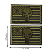 2 Pieces Dead Skull USA American Flag Tactical Morale Hook & Loop Patch, OD